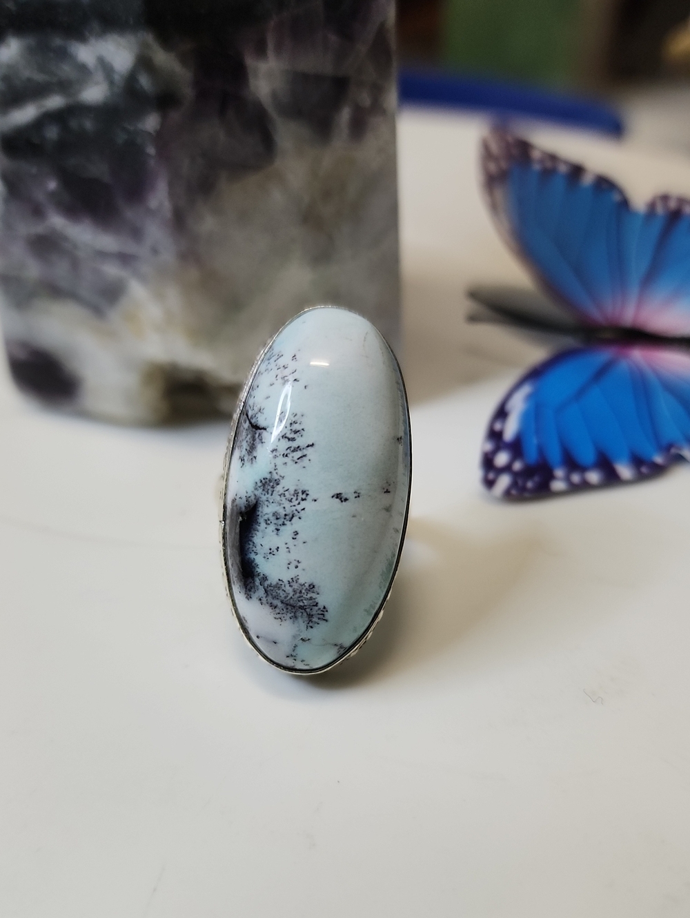 Dendritic Opal Oval Statement Ring - Light Blue